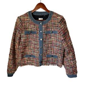 Structured Multicolor Tweed 90’s Button Up Jacket w/ Denim Trim, L